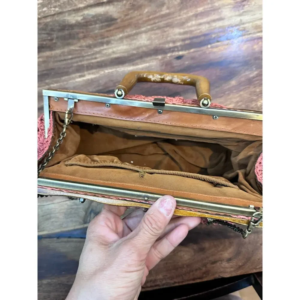 Patricia Nash Carmen Salmon Crochet Wood Leather Shoulder Chain Satchel Handbag - Picture 6 of 7